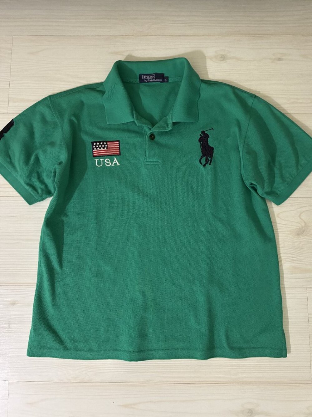 Polo Ralph Lauren Boys XL (18-20) Green Big Pony USA Flag Polo Shirt Short Sl
